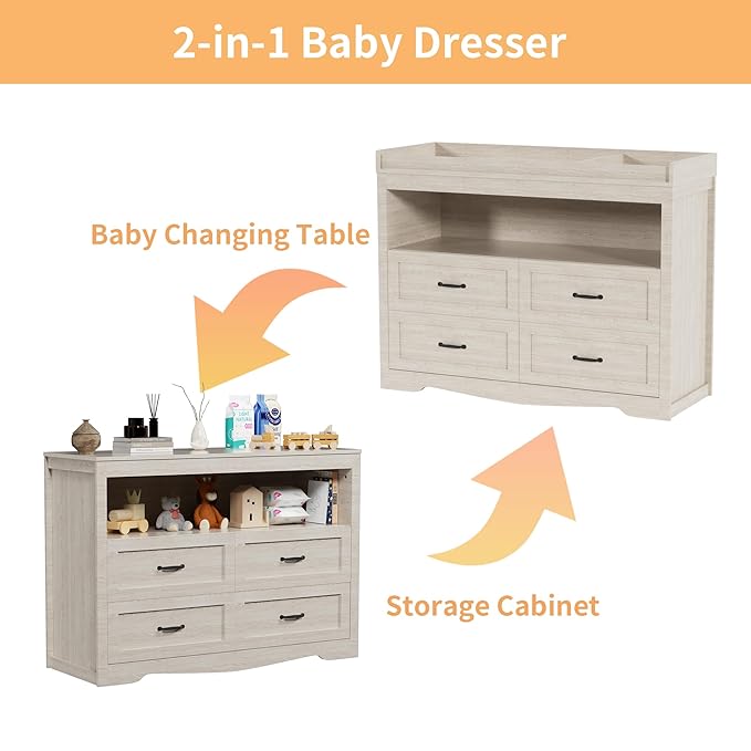 47.2" Beige Nursery Dresser with 4 Drawers and 1 Open Shelf Changing Table Dresser with Changing Table Top Diaper Changing Station with Storage for Nursery Children's Room