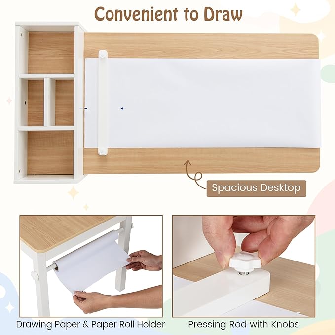 Costzon Kids Table and Chairs, 3 in 1 Wooden Art Drawing Table with 2 Chairs, 4 Fabric Bins, Multiple Open Storage Compartments & a Paper Roll, Toddler Table and Chair Set (Natural)