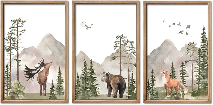 YWJKWLGS Wild Woodland Animals Nursery Wall Art Decor 16"×24" Set of 3 Jungle Theme Safari Forest Deer Bear Fox Posters Wood Framed Sign for Children's Boys Girls Room Watercolor Prints Hanging (Wood)
