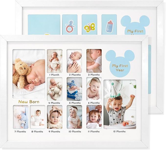 My First Year Photo Frame 12x16, Baby's First Twelve Months 4x6 and 2x3 Wallet Pictures Milestone Board Keepsake, as New Mom Baby Newborn Gift, White Pack of 2