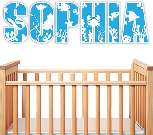 Personalized Wooden Name Sign - Custom Baby Name Signs for Nursery & Kids Room, Baby Announcement Sign, Wall Name Signs Personalized, Round Wooden Letters for Nursery Decor (Sea Animal 3D)