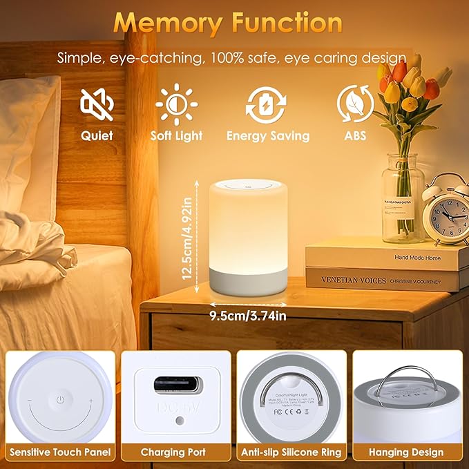 Nursery Night Light for Kids, 256 RGB Color Changing & Warm White Touch Bedside Lamp Wireless, 2200mAh USB Rechargeable LED Small Table Lamps for Bedroom, Dimmable Nursery Lamp with Memory
