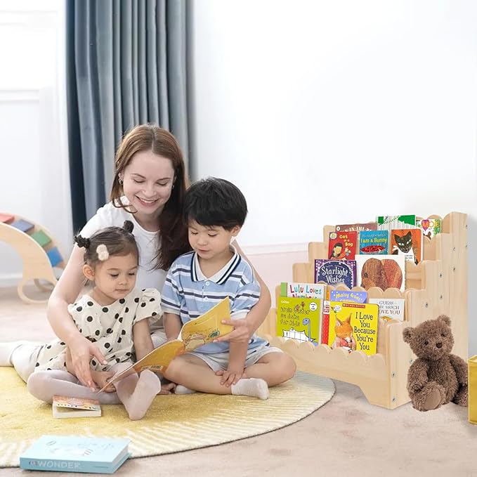 5 Tier Small Wooden Scalloped Shelf for Toddler 1-5 Years, Kids Bookshelf Children Montessori Bookshelf, Durable Baby Toddler Bookcase for Nursery Playroom, 16.9*11.4*15.7"