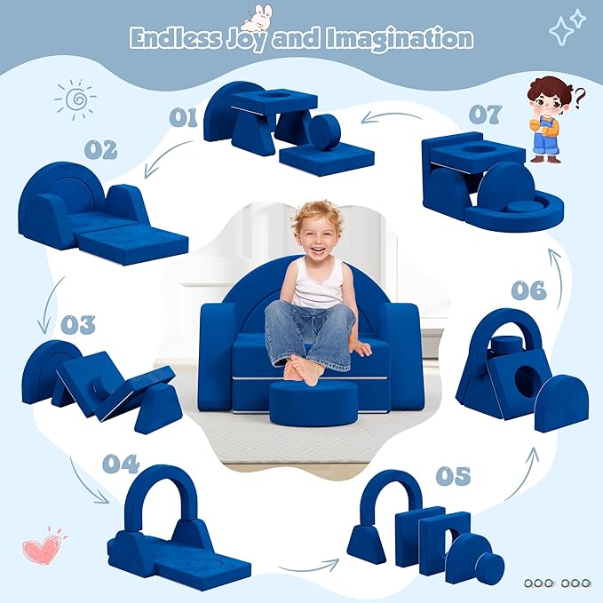 7 PCS Modular Kids Play Block Couch Child Sectional Sofa Toddler Building Fortplay Bedroom Playroom Baby Convertible Floor Foam Cushion for Boys & Girls (Blue-Single)