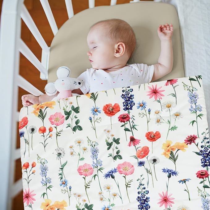 Oudain 4 Piece Spring Wild Flower Crib Bedding Set Including Spring Wild Flower Crib Skirt, Blanket, Sheet and Diaper Stacker, Soft Neutral Nursery Standard Size Baby Bedding for Baby Girls and Boys
