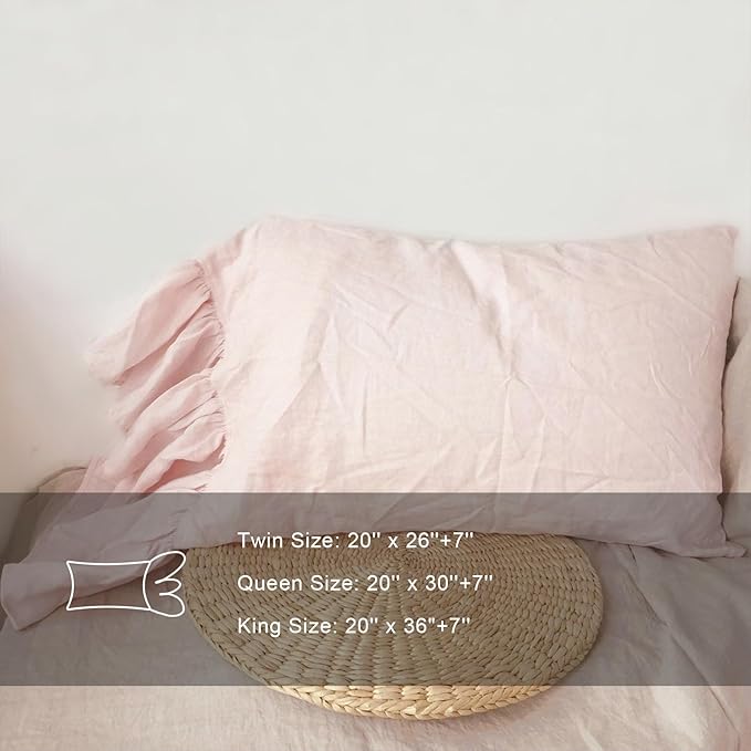 100% French Linen Pillowcase Ruffles Pillow Cover King Queen Twin 1 pcs (Queen, Pink)