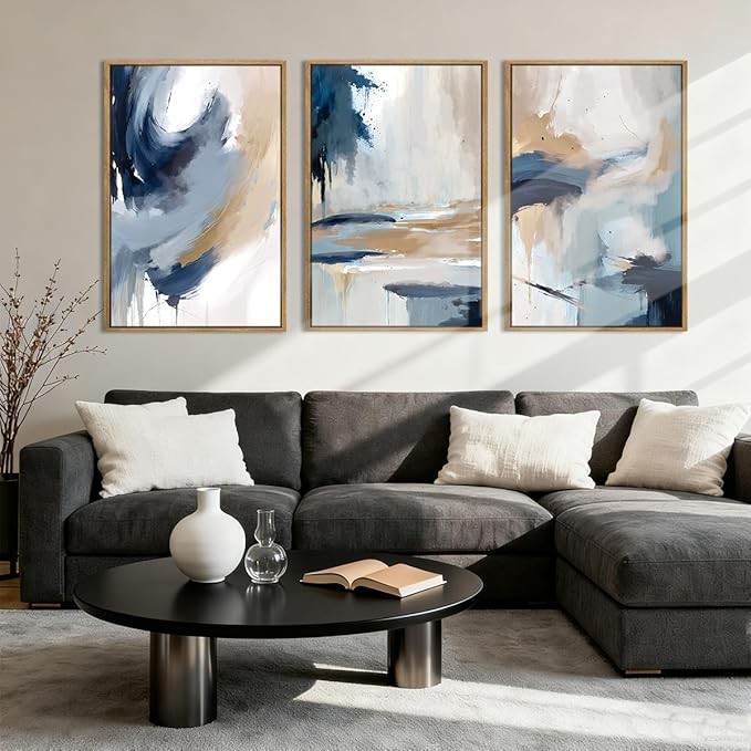 Anyzal Large Blue Abstract Wall Art Framed Modern Artwork Neutral Wall Decor for Living Room Bedroom Office 24X36 Inch Set of 3