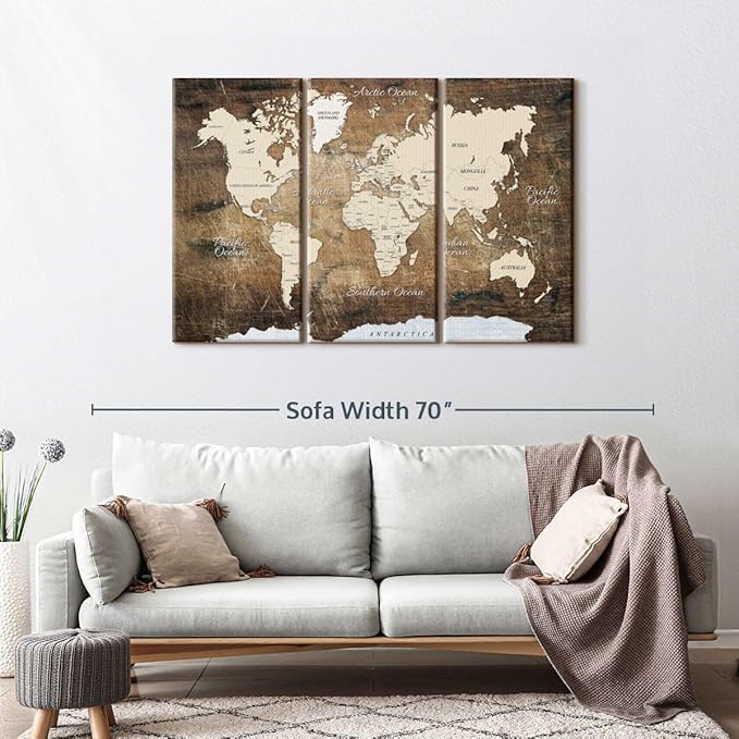 ElephantStock Aged Brown World Map I Wall Art - 3 Piece Canvas World Map Wall Decor - Ready-to-Hang Canvas Print - Vintage Wall Art - 50" X 32"