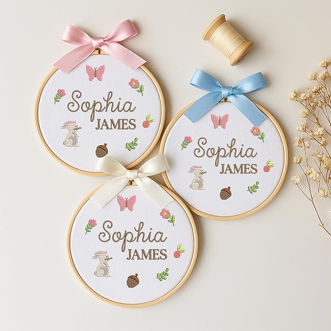 Personalized Baby Name Sign Welcome Baby Announcement Sign Newborn Baby Embroidery Hoop with Bows Baby Hospital Name Sign Custom Infant Baby Name Baby Shower Gifts (01)