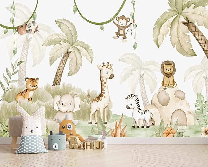 AFZEVEB-Safari Wallpaper Watercolor Animal Nursery Wall murals for Kids Room 136"x96"(Not Peel and Stick)