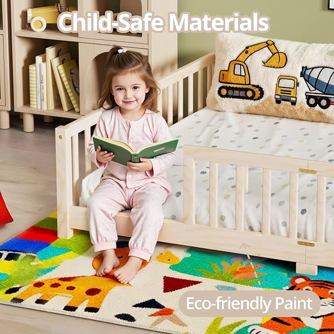 LLS Queen Floor Bed for Kids Toddlers, Solid Wood Multifunctional Montessori Bed Frame with Safety Guardrails, Without Door, Easy Assemble,Natural
