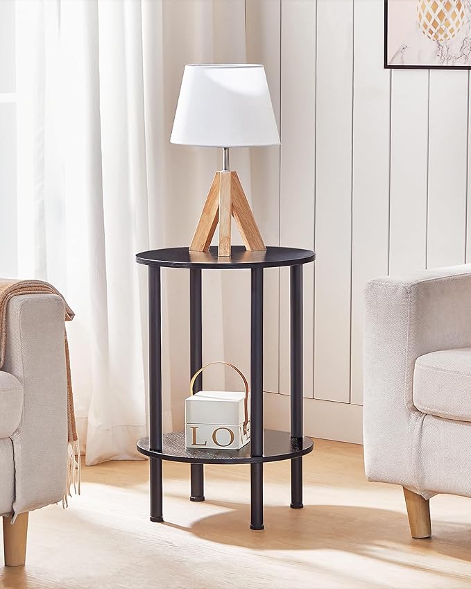 Round Side Table, 2-Tier End Table, Small Round Nightstand with Sturdy Metal Tube, Industrial Circular Coffee Table, for Living Room, Bedroom, Black TBZ01BB