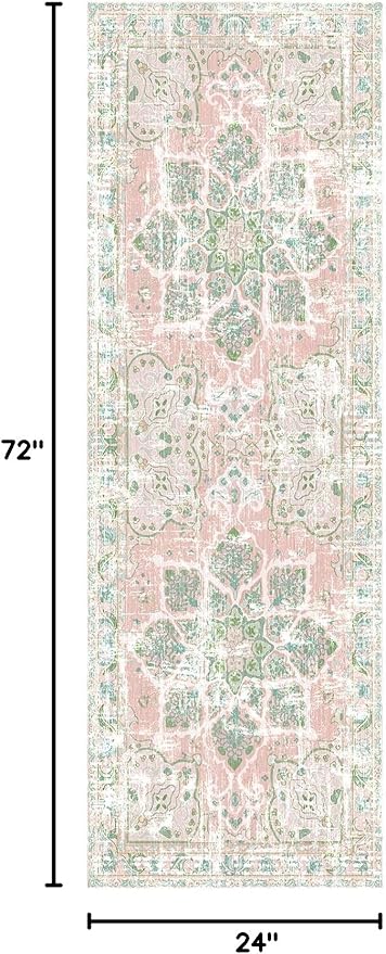 Vhong Boho Area Rugs Vintage Washable Neutral Modern Small Carpet Dusty Pink and Green 2x6 Non Slip Runners for Kitchen Laundry Bedroom Living Room Girls' Room