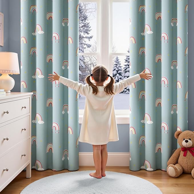 jinchan Nursery Blackout Curtains for Kids Room Rainbow Blue Curtains Cute Girls Bedroom Dorm Playroom Window Treatment Grommet Thermal Insulated Room Darkening 2 Panels 63 Inch Length