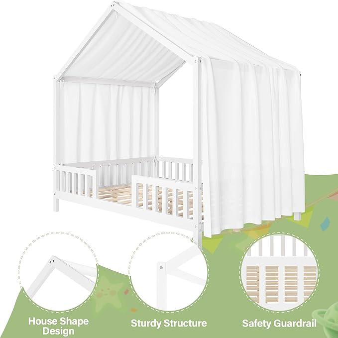 Montessori Floor Bed with Canopy, High Railings and Roof, Full Size Wood House Bed Frame for Kids Bedroom (White/C)