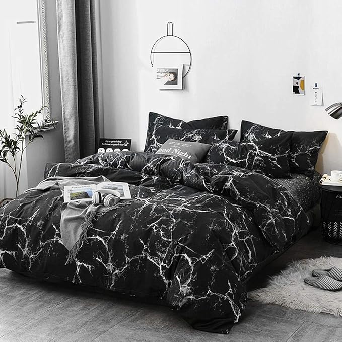 Jumeey Black Duvet Cover Queen Marble Bedding Sets Queen Black Marble Duvet Cover Full Size Black and Grey Bedding Cover Modern Men Women Teen Boy Gothic Marble Bed Abstract Black Bedding Full Set