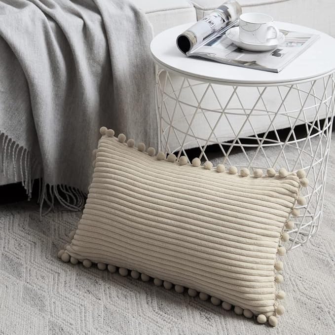 Fancy Homi Pack of 2 Tan Lumbar Decorative Throw Pillow Covers with Pom-poms, Soft Corduroy Solid Rectangle Cushion Cases Set for Couch Sofa Bedroom Car Living Room (12x24 Inch/30x60 cm, Beige)