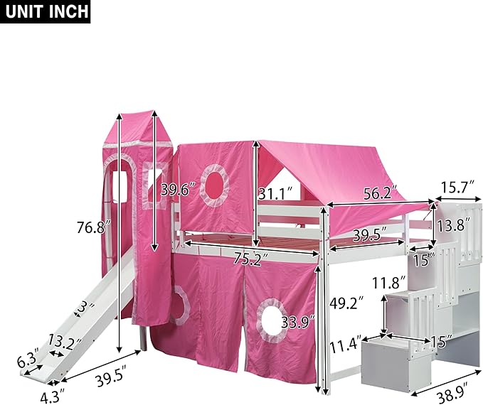 Playhouse Full Size Low Loft Bed with Slide & Tent and Tower, Solid Wood Tent Bed Frame with Storage Staircase for Kids Teens Boys Girls, Versatile Spacious Under Bed Space with Curtains (Pink-TXF)