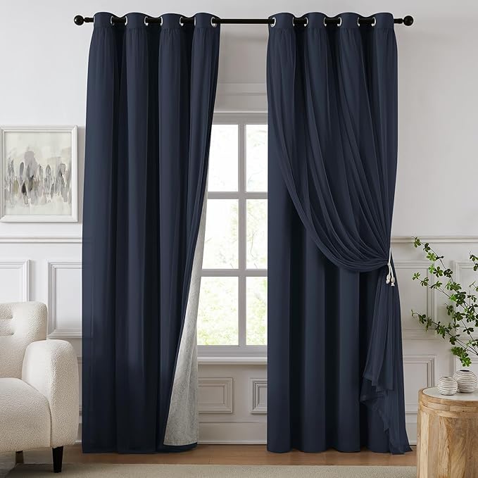 100% Blackout Curtains for Bedroom, Double Layer Navy Blue Curtains, Black Out Curtain 108 inch Long with Sheer Overlay for Living Room, Room Darkening Drapes with Grommet, 52" W x 108" L