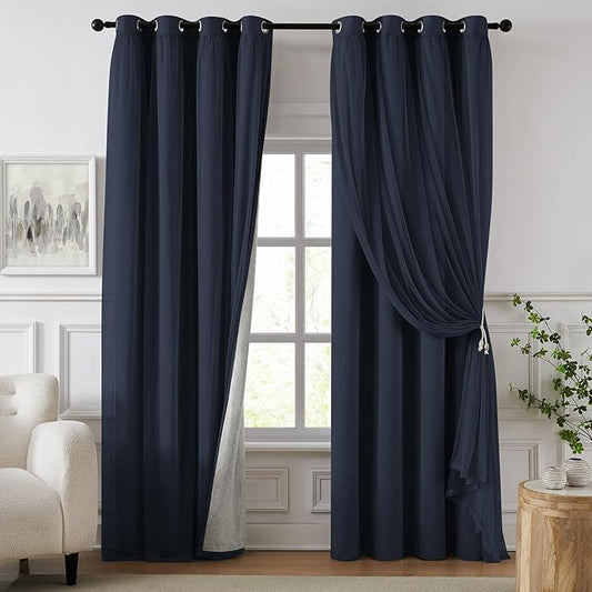 100% Blackout Curtains for Bedroom, Double Layer Navy Blue Curtains, Black Out Curtain 63 inch long With Sheer Overlay for Living Room, Room Darkening Window Drapes with Grommet, 52"W x 63"L