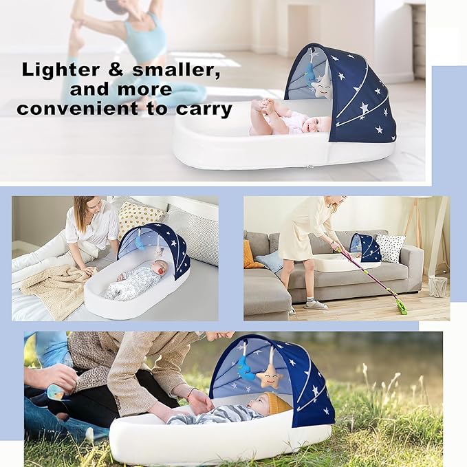 Large Portable Baby Lounger Nest-Travel Bassinet,Canopy & Mosquito Net-Lightweight Foldable Bassinet Lounger Cotton Cover & Supportive Mattress pad Washable Indoor-Outdoor Use,Blue