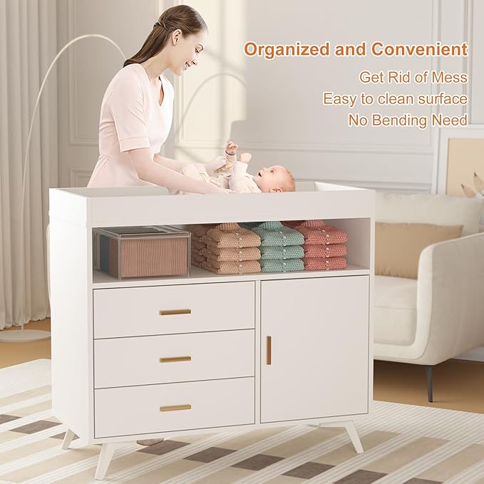 Nursery Dresser with Baby Changing Table,Diaper Changer Tables with 3-Drawer & Shelves, Wooden Baby Dresser with Top, Wood Diaper Changing Station