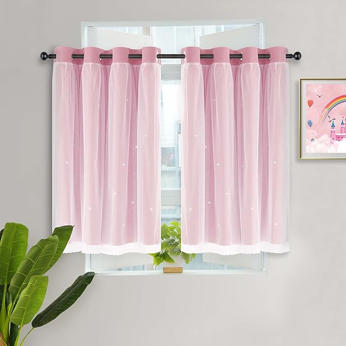 Kinryb Princess Curtains for Girls Bedroom with Sheer Overlay,Double Layer Curtain for Living Room with Star Cutout, Curtains for Kids Room (52 W*36 L Inches,2 Pcs Pink)
