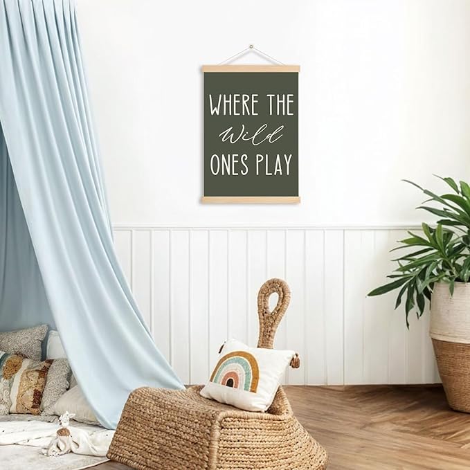 DNEULYR Green Nursery Wall Art Poster, Kids Playroom Wall Decor, Where the Wild Ones Play Poster Hanger Frame for Toddler Kids Room Bedroom Nursery Playroom, 12x16 Inches