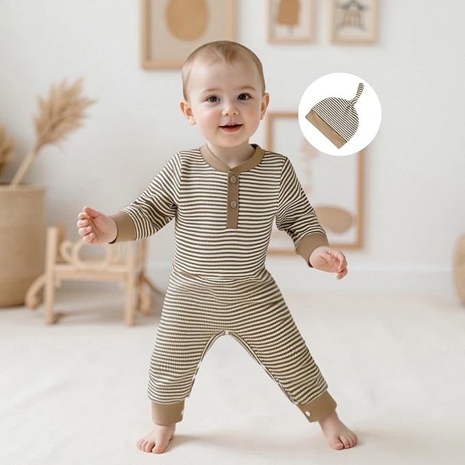 Infant Boys Fall Clothes Newborn Baby Romper Hat Stripe Knit Long Sleeve Bodysuit Jumpsuit Baby Going Home Outfit