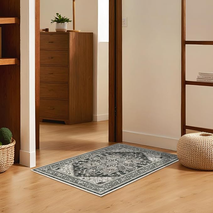 WITSHOCK Indoor Door Rug, Entrance Mat 2x3 Machine Washable Non Slip Backing Mat Soft Foldable,Vintage Rugs Mats, Inside Floor Door Carpet, Bitter Black