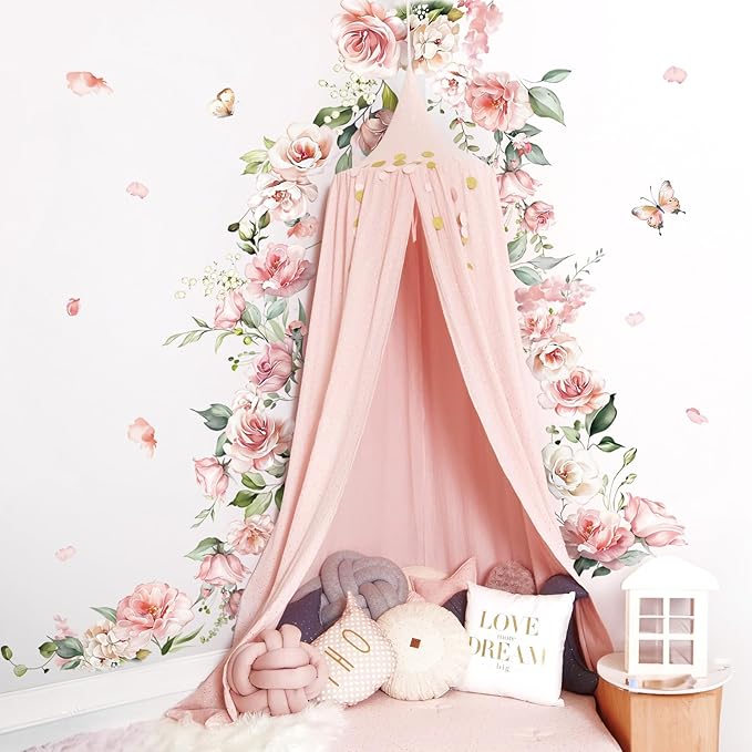decalmile Large Pink Flower Wall Decals Hanging Vine Floral Wall Stickers Baby Nursery Girls Bedroom Living Room Wall Decor
