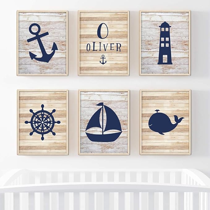 Andaz Press Personalized Ocean Nautical Sailor Theme Nursery Kids Bedroom Hanging Wall Art Decor, 8.5x11-inch, Rustic Distressed Wood, Anchor, 6-Pack, Custom Name Unframed Room Poster