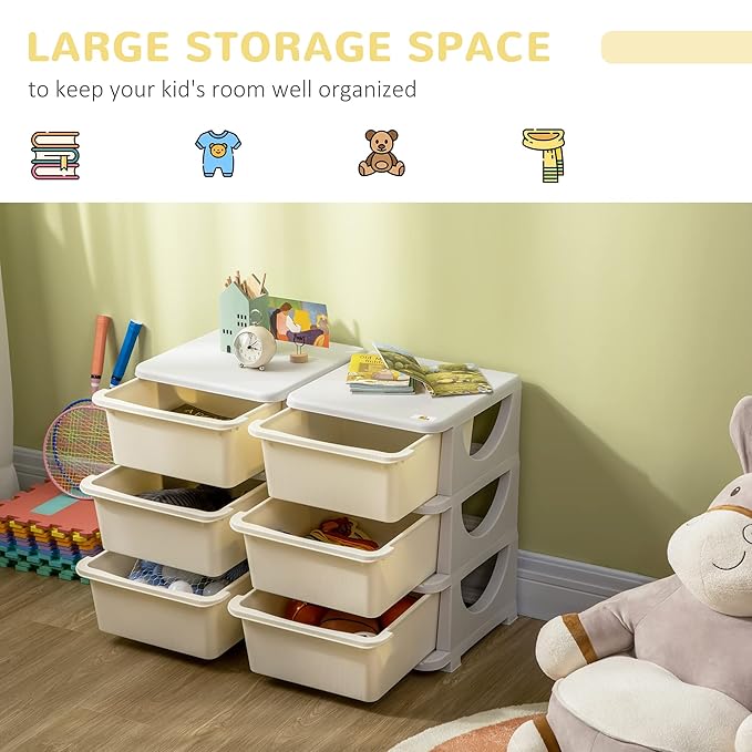 Qaba 3 Tier Kids Storage Unit, 6 Drawer Chest Toy Organizer Plastic Bins for Kids Bedroom Nursery Kindergarten Living Room for Boys Girls Toddlers, Cream White