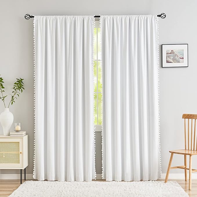 Treatmentex White Blackout Curtains for Living Room Bedroom 90inch Long Pom Pom Curtain Panels for Windows Thermal Insulated Curtains for Kids Nursery Room Rod Pocket 52" W x 2pcs