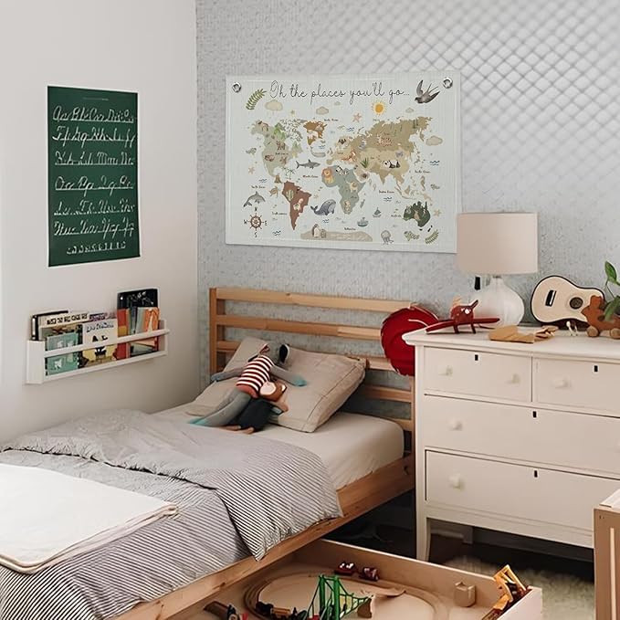 Wheatwin World Map Wall Art Banner for Kids 20x30, World Maps for Wall, World Map Cute Animal Educational Tapestry Wall Hanging Canvas Wall Decor Banner Flag Decor for Kids Room Playroom Classroom - Blue