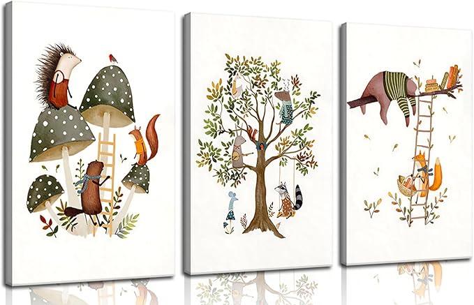 3Pcs Woodland Safari Animals Nursery Canvas Wall Art Baby Jungle Small Animal Wall Decor Pictures Tree Bear Rabbit Fox Hedgehog Kids Posters Prints for Classroom Children Bedroom Decoration