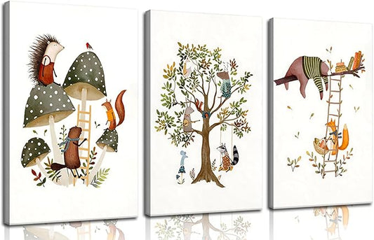 3Pcs Woodland Safari Animals Nursery Canvas Wall Art Baby Jungle Small Animal Wall Decor Pictures Tree Bear Rabbit Fox Hedgehog Kids Posters Prints for Classroom Children Bedroom Decoration