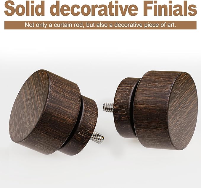 2 Pack Deep Walnut Wood Grain Curtain Rods for Windows 48 to 84 Inches 1" Diameter Heavy Duty Window Curtain Rod Adjustable with Solid Finials for Living Room Bedroom Kitchen Farmhouse Outdoor