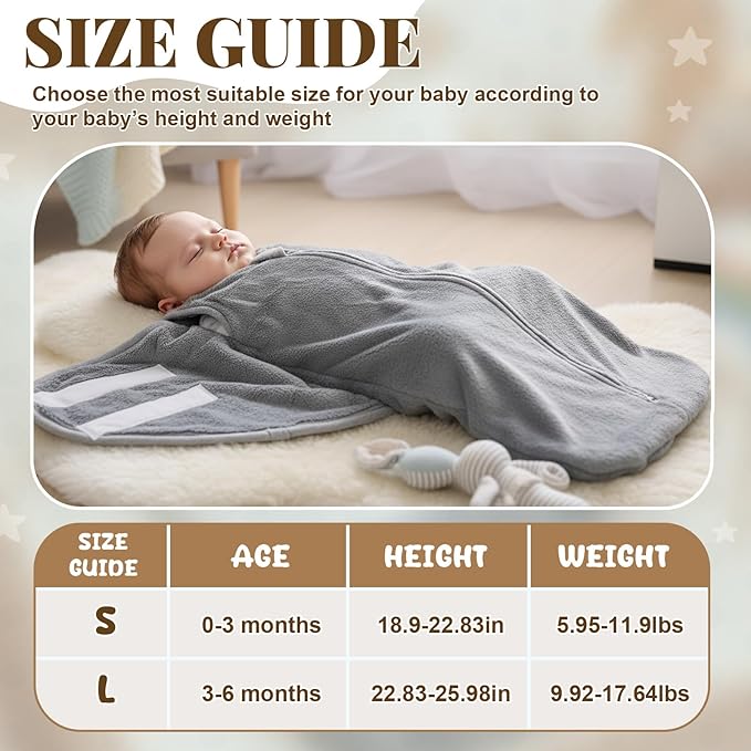 Fleece Swaddle Blanket for 0-3 Months Fleece Newborn Sleepers Plush Baby Wearable Blanket Golden Mink Swaddle with Adjustable Wrap for Baby Shower New Parents Gift, Gray
