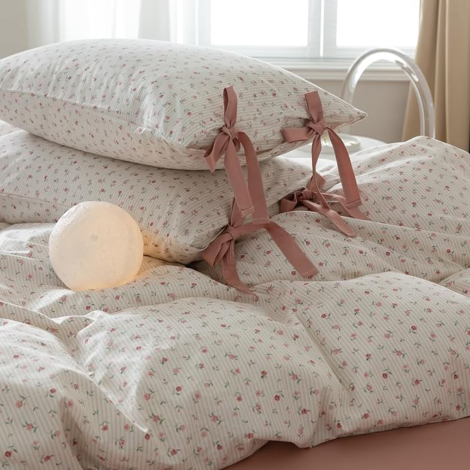 HighBuy Girl Duvet Cover Twin XL Botanical Flower Coquette Bedding Set Vintage Style Garden Floral Duvet Cover Twin XL with 2 Bowknot Bow Tie Pillowcases Soft Cotton Comforter Cover Set