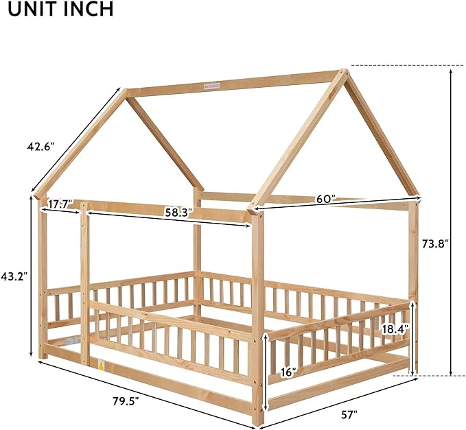 Bellemave Full Size House Bed for Kids,Solid Wood Floor Bed, Montessori Floor Bed with Fence and Roof,Playhouse Full Bed Frame for Girls,Boys(Full,Natural)