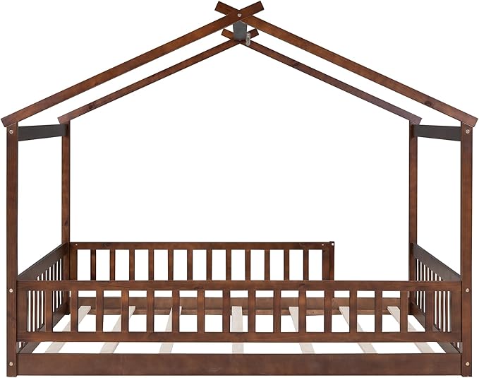 Merax Full Size Wooden House Bed with Fence, Wood Bed Frame with Roof and Safety Guardrail for Kids, Teens, Boys or Girls, Walnut