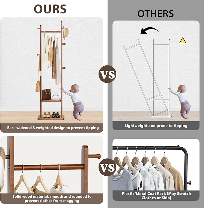 Coat Rack Freestanding Clothing Rack with Wheels & 2 Shelves Storage & 5 Hooks Heavy Duty Clothes Rack Wood Coat Tree Stand Hat Hanger Rack (Style 2 – Walnut Brown, Stationary Base (No Wheels), L)