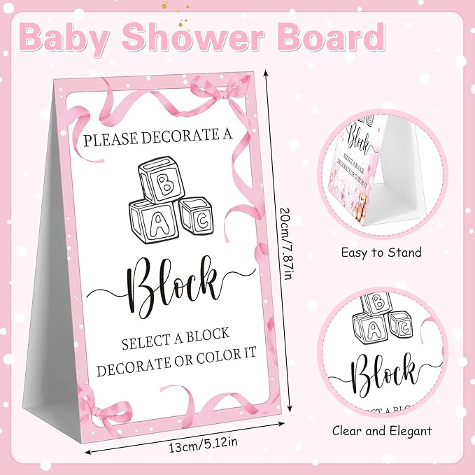 Marsui 136 Pcs Baby Shower Blocks to Decorate Game Kit Includes 98 Wooden Blocks, 36 Markers, 1 Game Sign, 1 Storage Box for Baby Shower Gender Reveal Activity Party Decorations (Pink Bow)