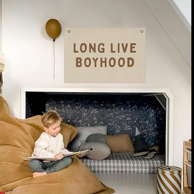 Long Live Boyhood Banner, Boy Nursery Decor, Linen Banner Wall Hanging Banner Flag Decor for Nursery Playroom Toddler Room, Boys Kids Room Decor - Sand Beige & Taupe