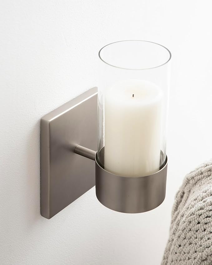 Kate and Laurel Zabler Modern Metal Wall Sconce, 5 x 6 x 10, Antique Nickel, Round Candle Holder with Removable Glass Cylinder for Flameless Candle Display in Bedroom or Bathroom