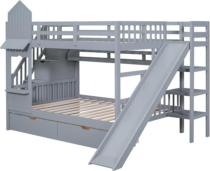 Full-Over-Full Bunk Beds Castle Style Bunk Bed with 2 Drawers 3 Shelves and Slide - Gray