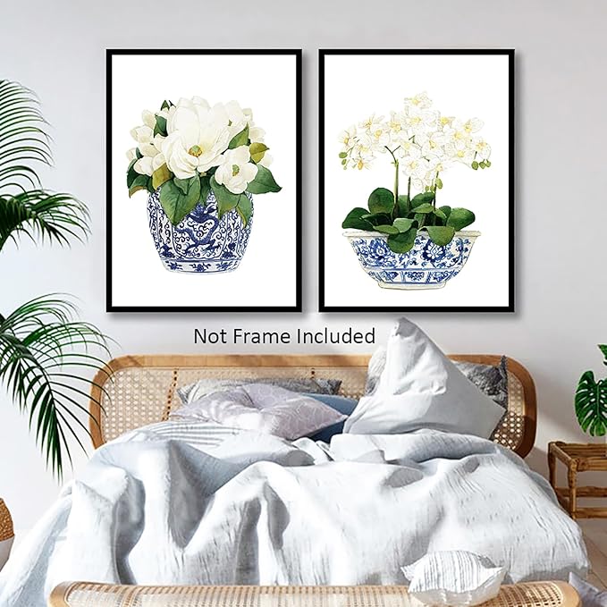 White Orchid & Magnolia Watercolor Art Canvas Blue And White Chinoiserie Wall Art Print Oriental Vase Blue White Willow Style Porcelain Flower Jar Picture Poster Decor Unframed (12x16Inch Unframed)