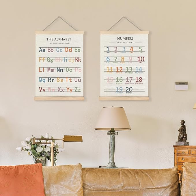LUVADIAN Playroom Decor Alphabet Poster - Alphabet Numbers Educational Poster Hanger Frame Set of 2, Toddler Learning Posters for Nursery Kids Room Playroom Classroom Decor, 12x16 Inches