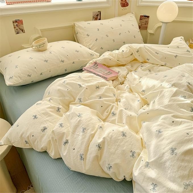 Bow Bedding Set Queen Size Blue Bowknot Duvet Cover with Heart Printed 3 Pcs Kids Boys Girls Princess Style Cute Bows Reversible Duvet Cover Set with Zipper Closure